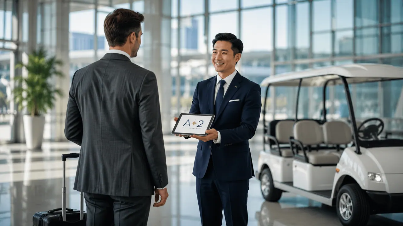 Un concierge A+2 accueille un voyageur, tablette à la main.