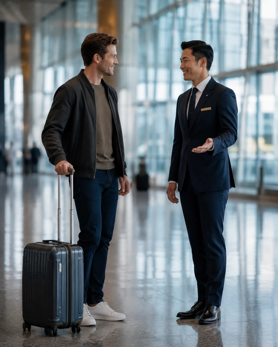Un concierge A+2 accueille chaleureusement un voyageur et sa valise en salle d'arrivée à Bangkok
