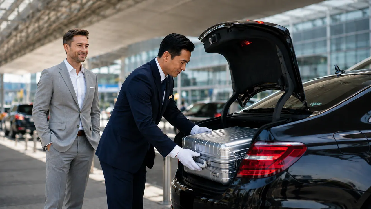 Un chauffeur en gants blancs charge une valise dans le coffre d'une berline devant le terminal.