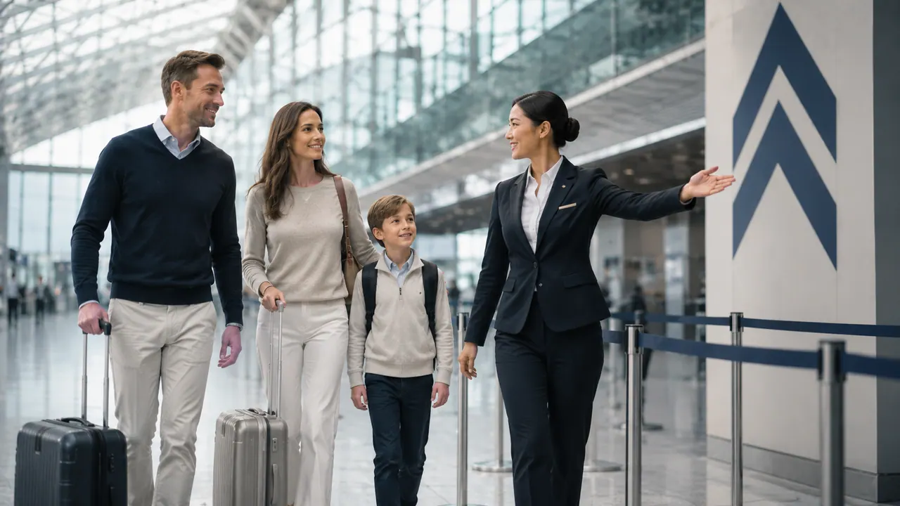 Un concierge A+2 accueille une famille en salle d'arrivée, valises en main.